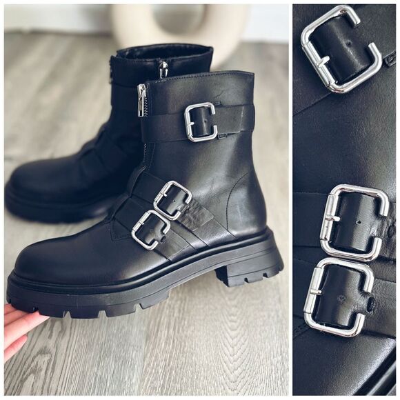 Zara Lug Sole Genuine Leather Boots Buckles New - Picture 1 of 4